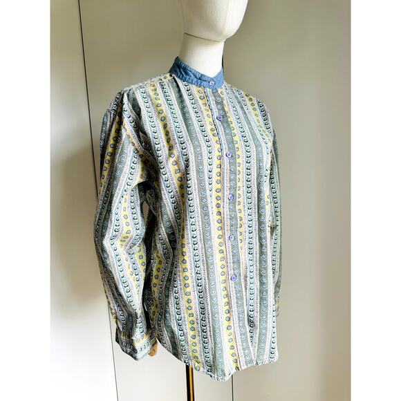 Vintage 80s Cottage Core Western Blouse Chambray Size Small Made USA Yellow Blue - Picture 8 of 10